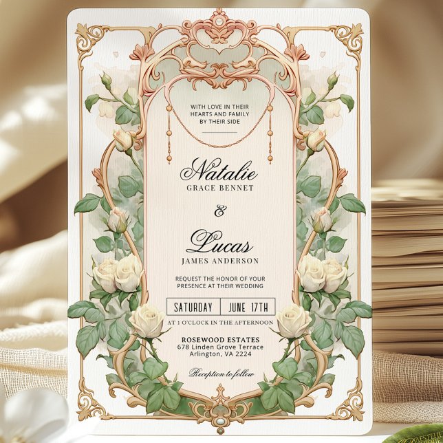 White Rose Floral Vintage Wedding Invitation (Creator Uploaded)