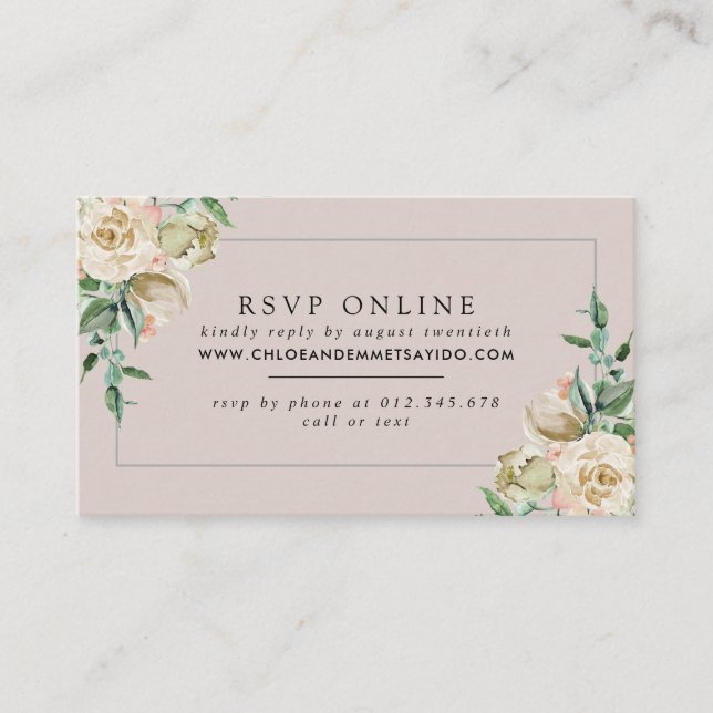 White Rose Floral Wedding Website RSVP Enclosure Card (Front)