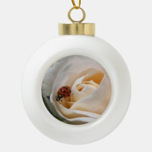 white rose flower and lucky ladybug. perfect gift ceramic ball christmas ornament