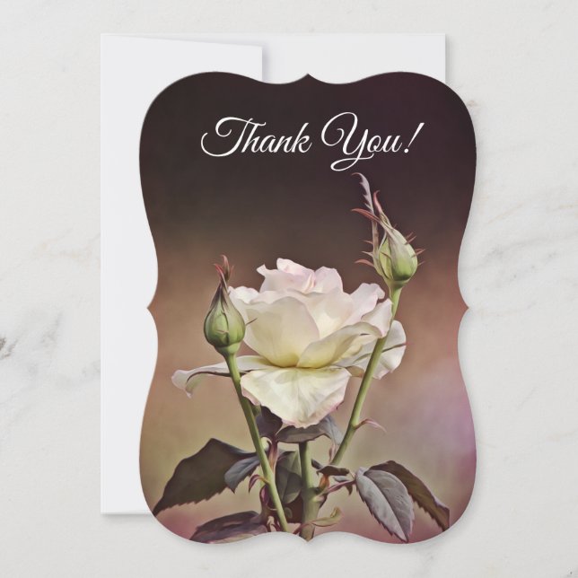 White Rose Flower Art Thank You Flat Note Card (Front)