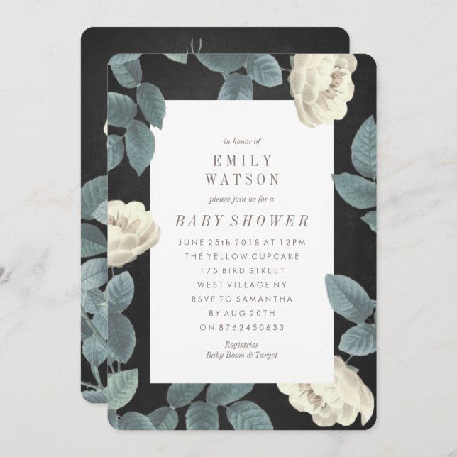 White Rose Flower Chalkboard Baby Shower Invite (Front/Back)