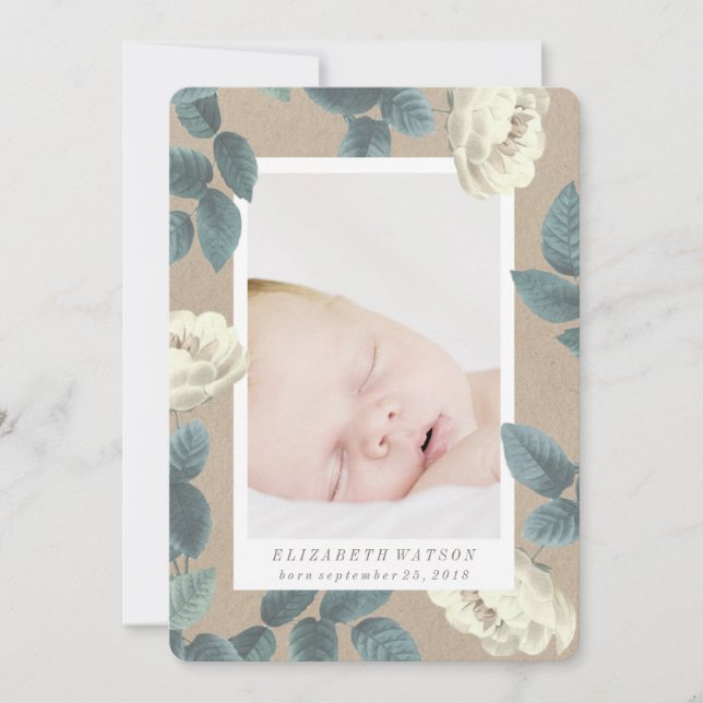 White Rose Flower Photo Card Birth Announcement (Front)