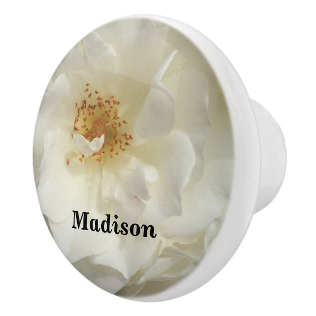 White Rose Flower Photo with Name Large Bloom Ceramic Knob (Right)