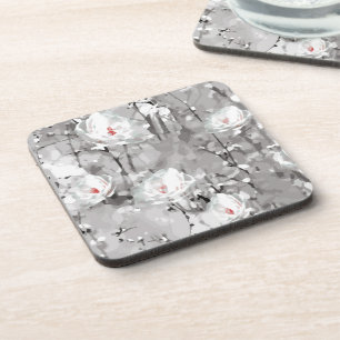 White rose flower winter floral grey coaster