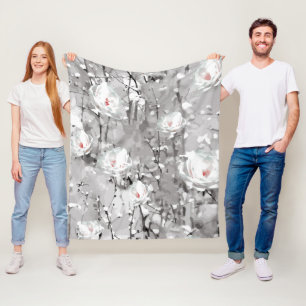 White rose flower winter floral grey fleece blanket