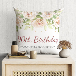 White Rose Flowers 90th Birthday Gift Cushion