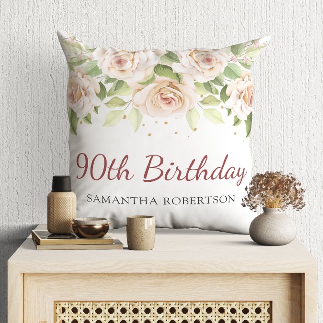White Rose Flowers 90th Birthday Gift Cushion (Creator Uploaded)