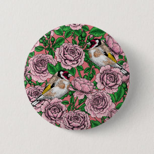 White rose flowers and goldfinch birds 6 cm round badge