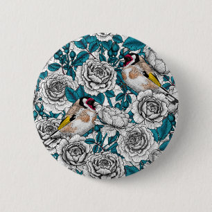 White rose flowers and goldfinch birds 6 cm round badge
