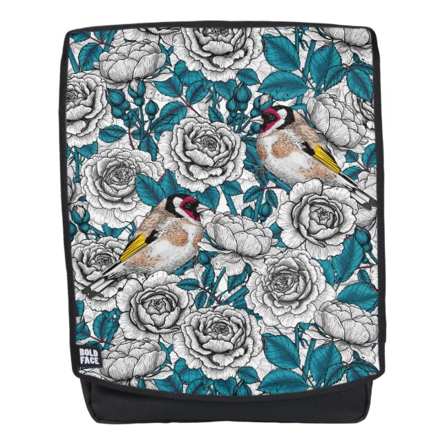White rose flowers and goldfinch birds backpack (Front)