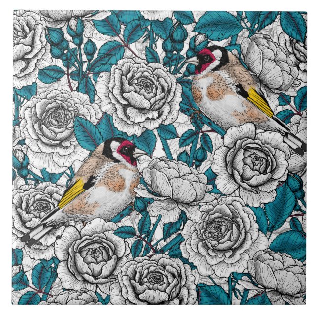 White rose flowers and goldfinch birds ceramic tile (Front)