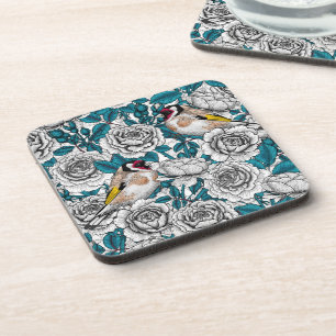 White rose flowers and goldfinch birds coaster