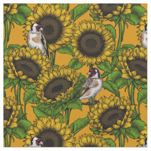 White rose flowers and goldfinch birds fabric