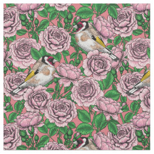 White rose flowers and goldfinch birds fabric