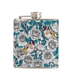 White rose flowers and goldfinch birds hip flask