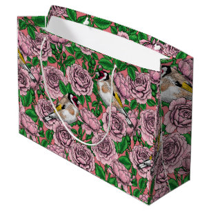 White rose flowers and goldfinch birds large gift bag