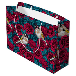 White rose flowers and goldfinch birds large gift bag