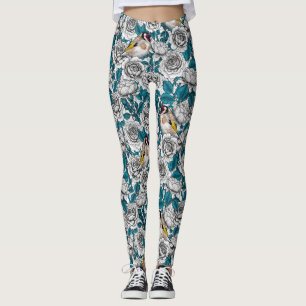 White rose flowers and goldfinch birds leggings