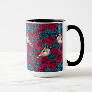 White rose flowers and goldfinch birds mug