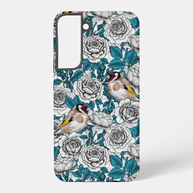 White rose flowers and goldfinch birds samsung galaxy s22+ case (Back)