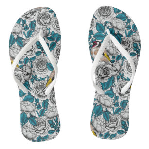 White rose flowers and goldfinch birds thongs