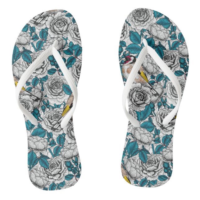 White rose flowers and goldfinch birds thongs (Footbed)