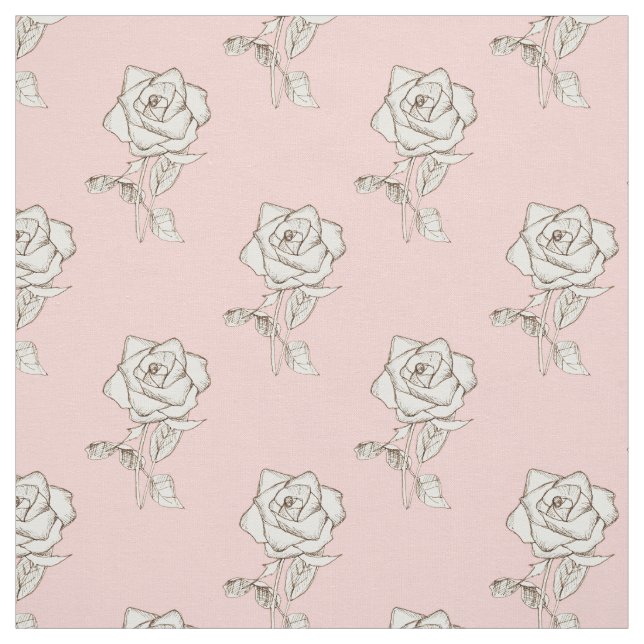 White Rose Flowers Baby Pink Pastel Blush  Fabric (Swatch)