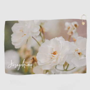 White Rose Flowers Botanical Photo And Custom Name Golf Towel