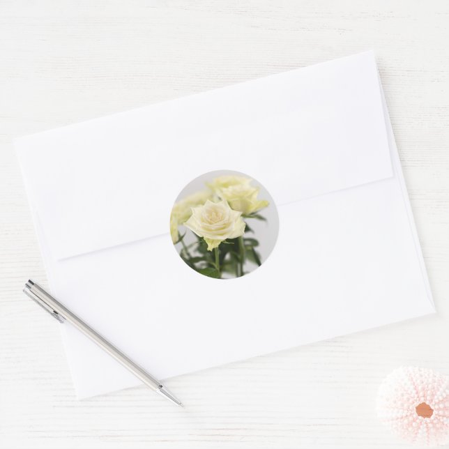 White Rose Flowers Elegant Floral Photograph Classic Round Sticker (Envelope)