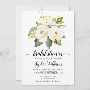 White Rose Flowers Greenery Bridal Shower Invitation