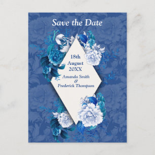 White Rose Flowers on Blue pattern paper Announcement Postcard
