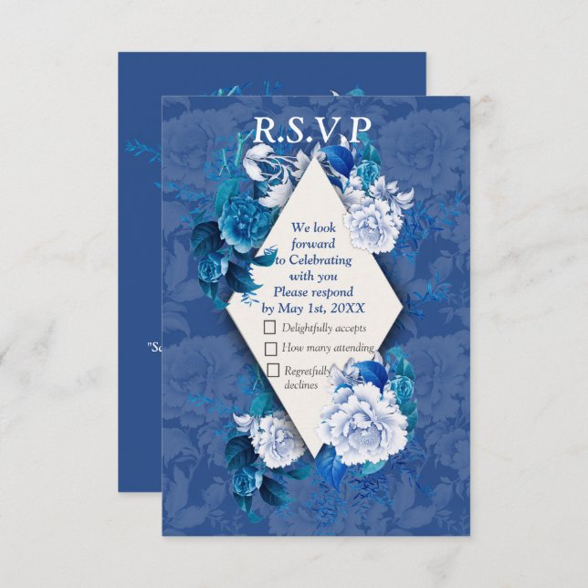 White Rose Flowers on Blue pattern paper  RSVP Card (Front/Back)