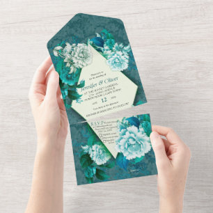 White Rose Flowers on Green pattern paper  All In One Invitation