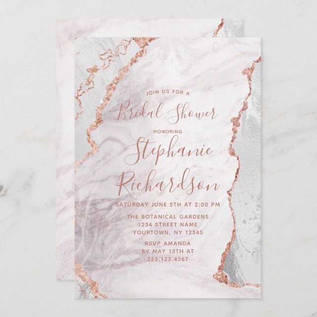 White & Rose Gold Agate Bridal Shower Invitation (Front/Back)