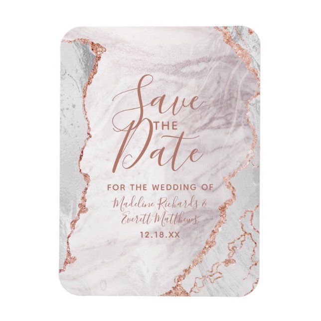 White & Rose Gold Agate Foil Save the Date Wedding Magnet (Vertical)