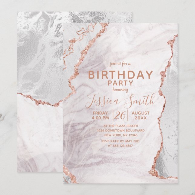 White & Rose Gold Agate Marble Foil Birthday Party Invitation (Front/Back)