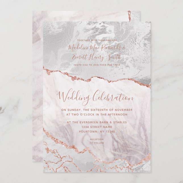 White & Rose Gold Agate Marble Foil Gilded Wedding Invitation (Front/Back)