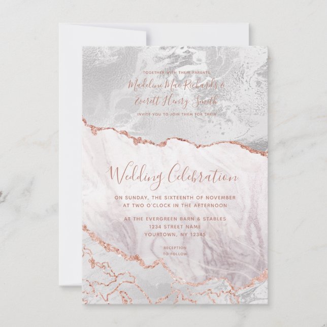 White & Rose Gold Agate Marble Foil Gilded Wedding Save The Date (Front)