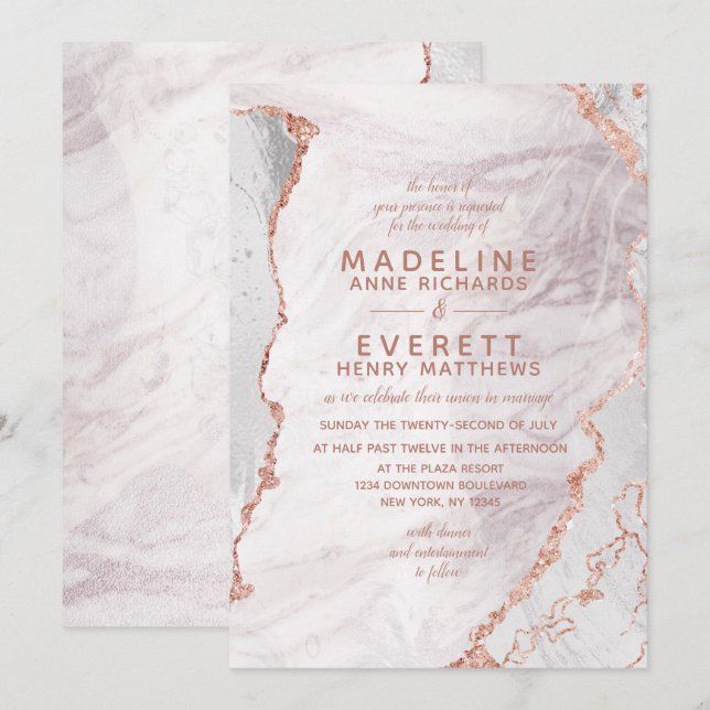 White & Rose Gold Agate Marble Foil Trendy Wedding Invitation (Front/Back)