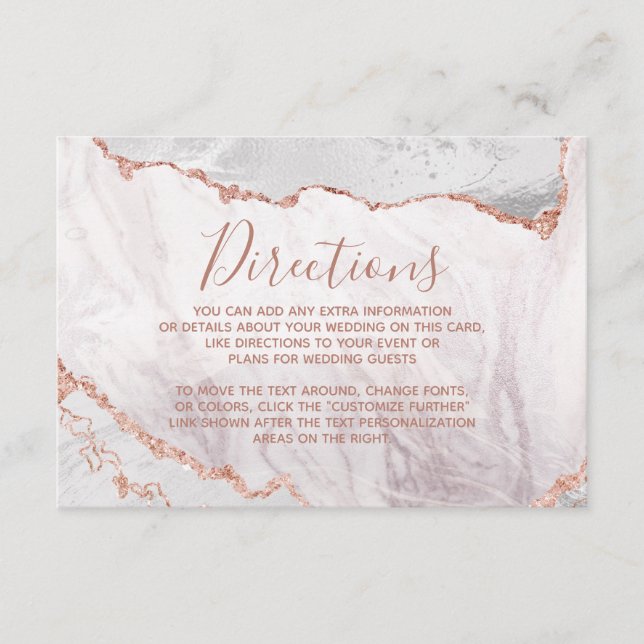 White & Rose Gold Agate Marble Wedding Directions Enclosure Card (Front)