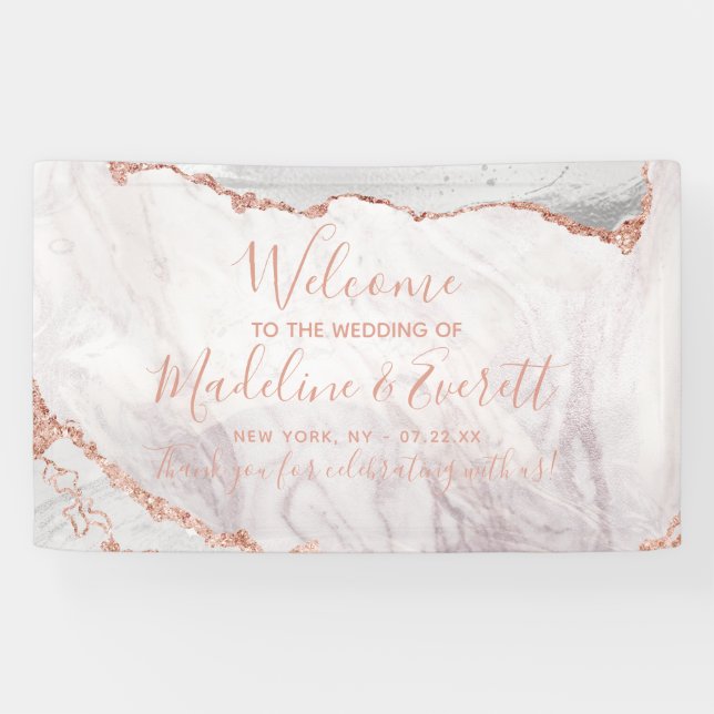 White & Rose Gold Agate Marble Wedding Welcome Banner (Horizontal)