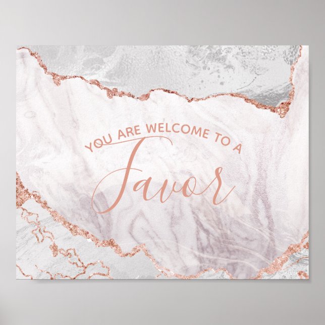 White & Rose Gold Agate Wedding Favour Table Sign (Front)