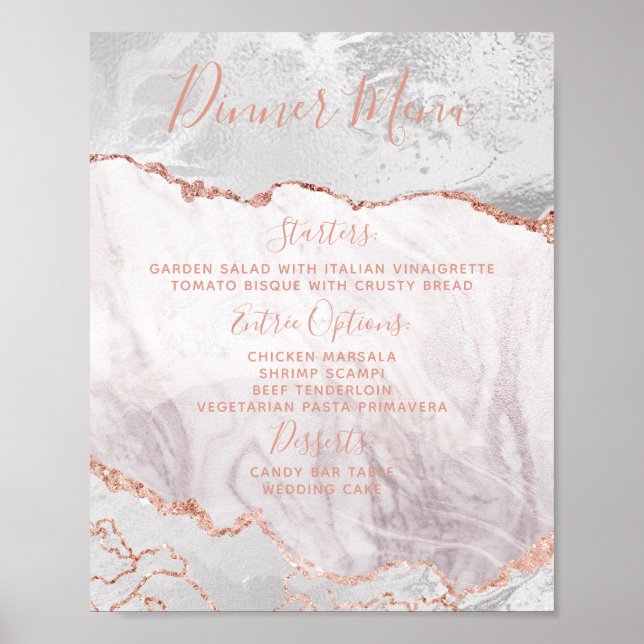 White & Rose Gold Agate Wedding Menu Table Sign (Front)