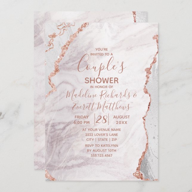 White & Rose Gold Agate Wedding Shower Invitation (Front/Back)