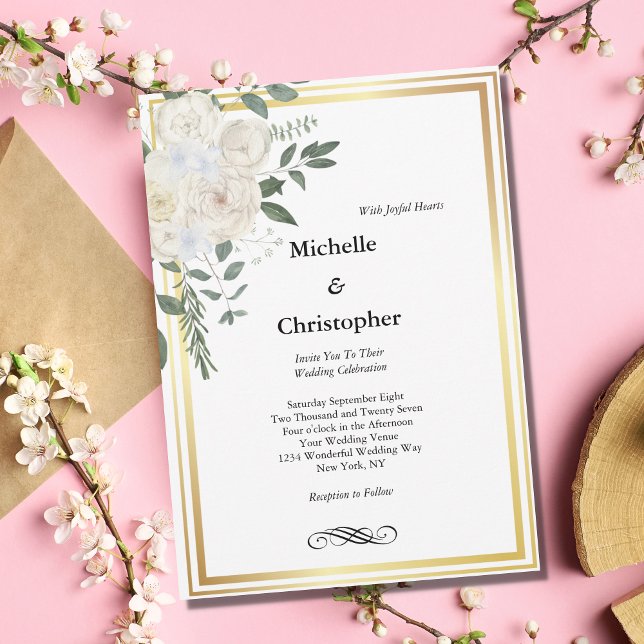 White Rose Gold Border Floral Elegant Wedding  Invitation (Creator Uploaded)