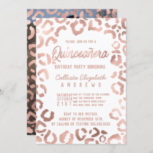 White Rose Gold Cheetah Leopard Quinceañera Photo Invitation