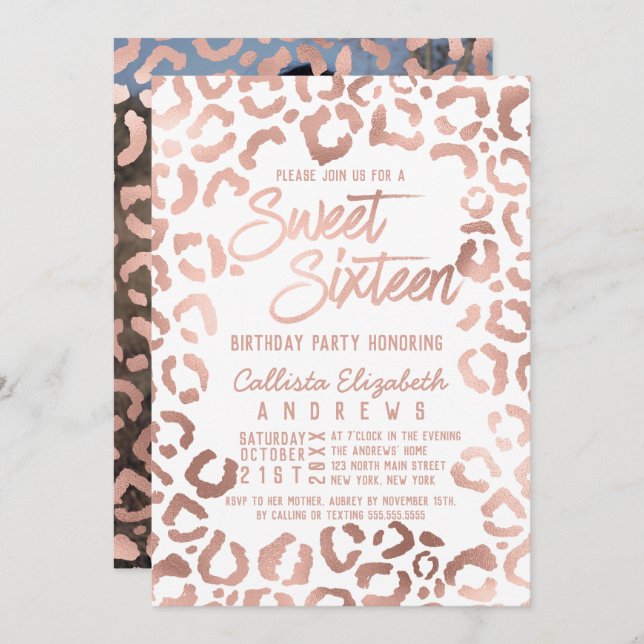 White Rose Gold Cheetah Leopard Sweet 16 Photo Invitation (Front/Back)