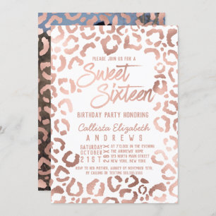 White Rose Gold Cheetah Leopard Sweet 16 Photo Invitation