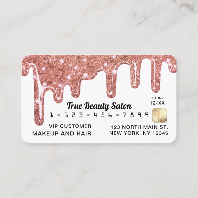 White Rose Gold Chunky Glitter Thick Drips Credit Business Card (Front)