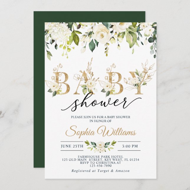 White Rose & Gold Eucalyptus Baby Shower  Invitation (Front/Back)